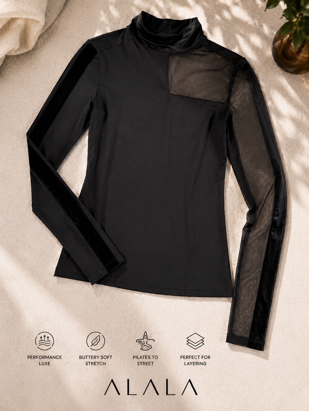 Alala Sheer Mesh & Velvet Turtleneck Black Performance Top XXS fits like XS